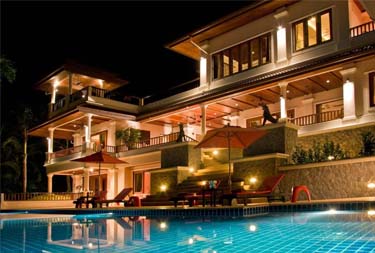 Exterior night view of a private pool at Villa Oriole in Layan Beach